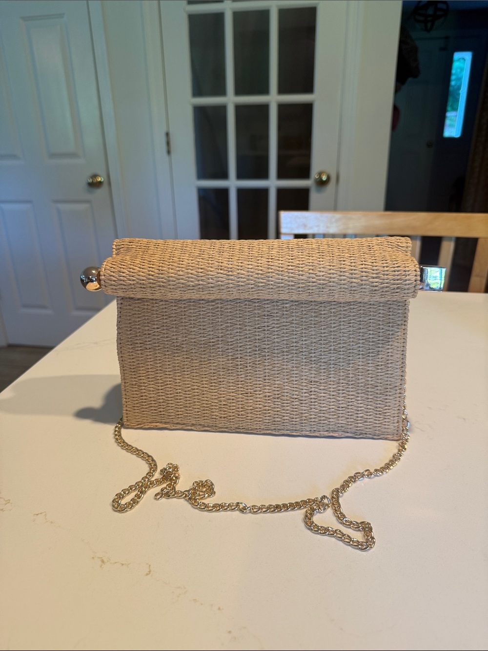 Isaac Mizrahi Beige Woven Crossbody with Gold Chain